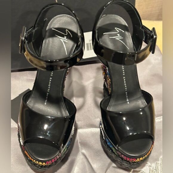 GIUSEPPE ZANOTTI LOLAS SAND, VERNICE NERO TOMAIA , LOVE & PEACE Wedge size EU 36 - Picture 5 of 15